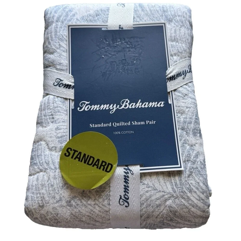 Tommy Bahama Standard Quilted Shams Cotton Distressed Water Leaves Blue Set of 2
